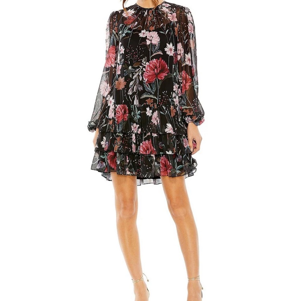 Mac Duggal Red and Black Long Sleeve Mock Neck Floral Dress- Like New